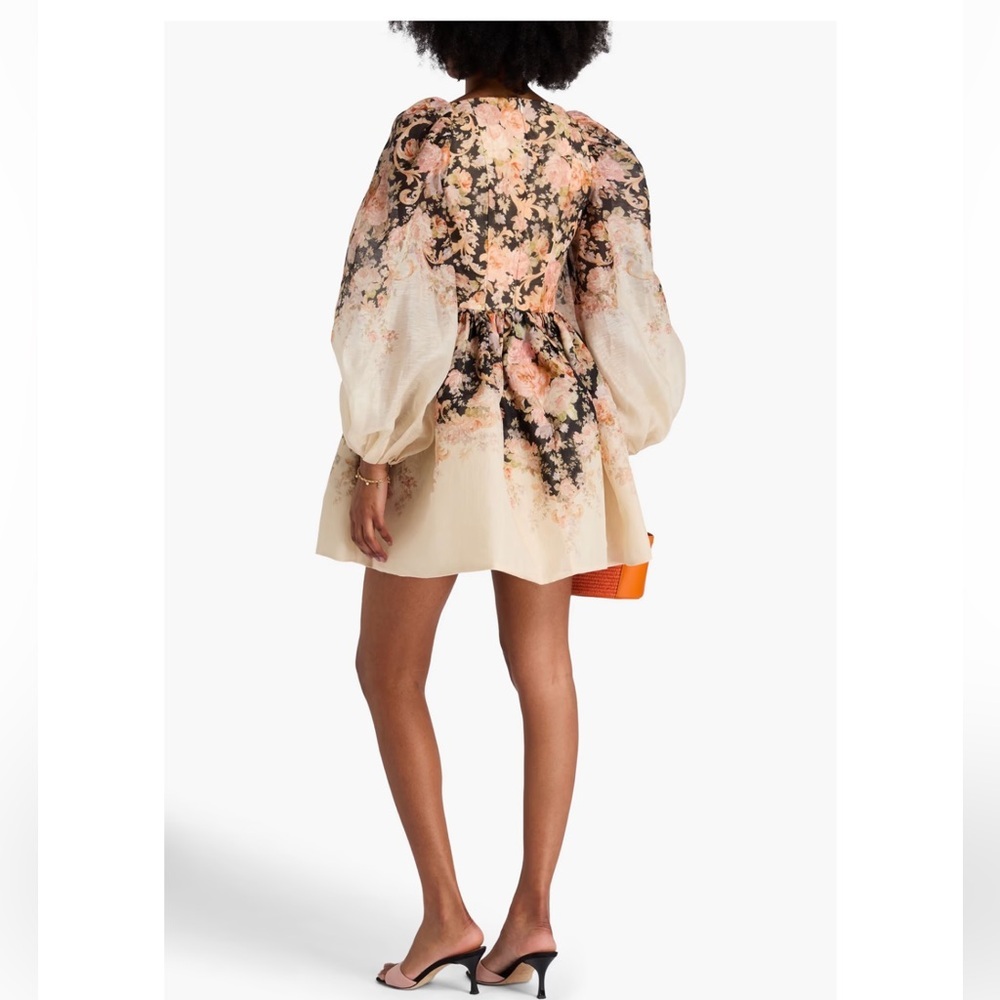 Zimmermann Floral Puff-Sleeve Mini Dress in Cream, Black and Pink - Picture 5 of 12